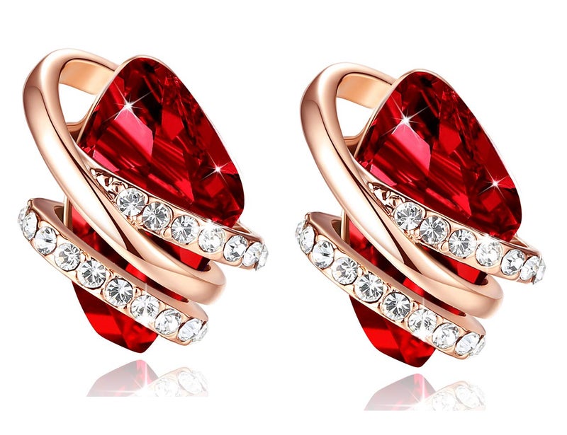 Leafael Wish Stone Stud Earrings with Ruby Red Birthstone Crystal for January and July, 18K Rose Gold Plated - Image 1